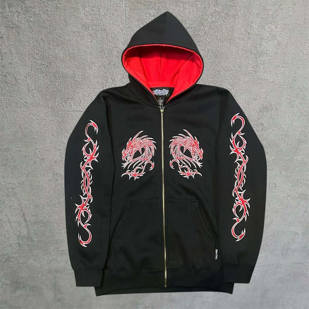 Silver Point Vintage Y2K Tribal Dragon Embroidered Zip-Up Hoodie Size XL
